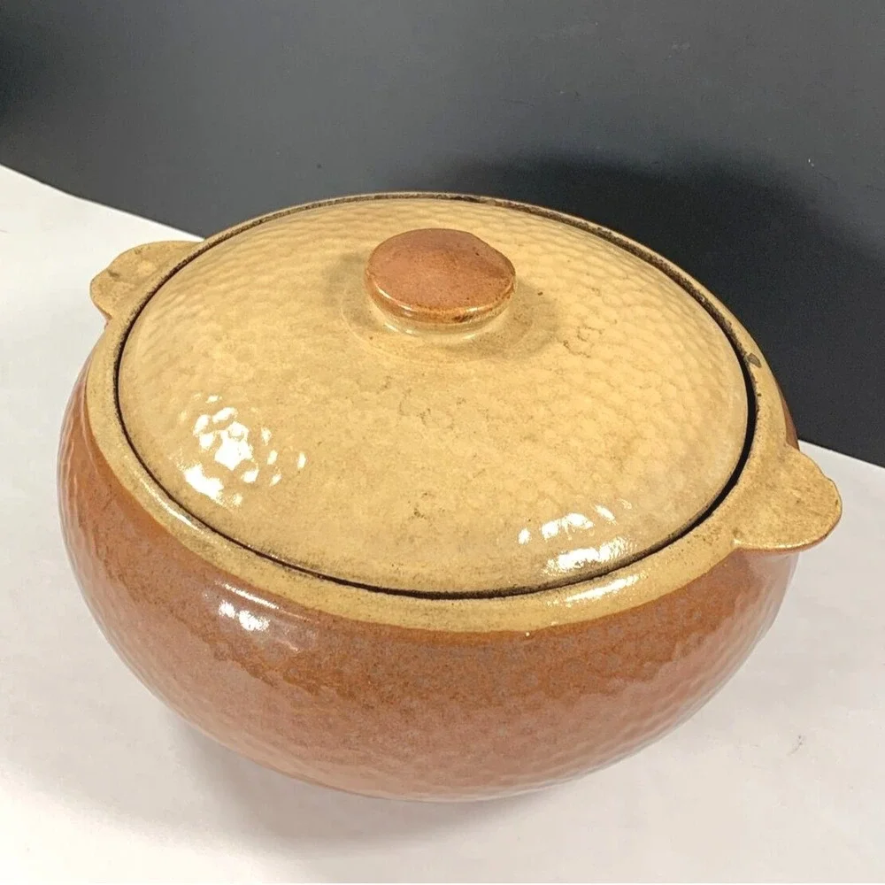 Kla-Ham'rd Stoneware Casserole Dish Lid Brown Tan Ceramic Pot USA Rustic 1940